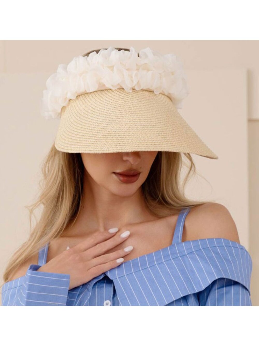 Tigerstars Beige Floral Ruffle Accent Wide Brim Straw Visor Hat